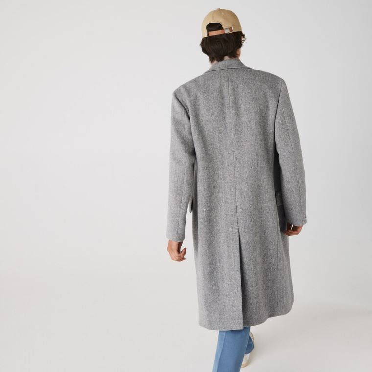 Lacoste Long Double-Breasted Herringbone Wool Coat Hvite Grå | mi5TAjsz