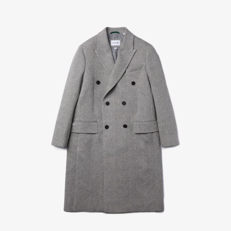 Lacoste Long Double-Breasted Herringbone Wool Coat Hvite Grå | mi5TAjsz