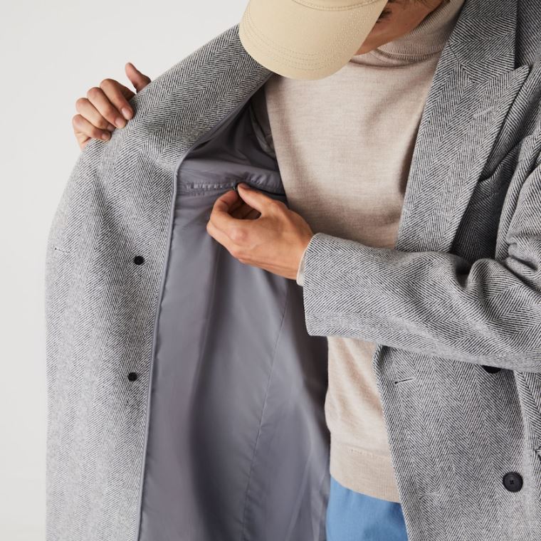 Lacoste Long Double-Breasted Herringbone Wool Coat Hvite Grå | mi5TAjsz