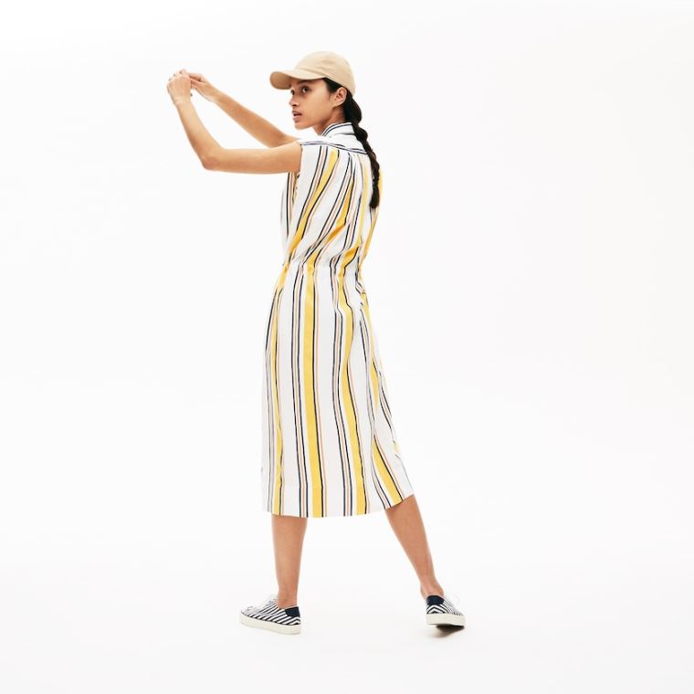 Lacoste Long Striped Shirtdress Hvite Marineblå Blå Gul Lyse Brune | VQHFCjUq