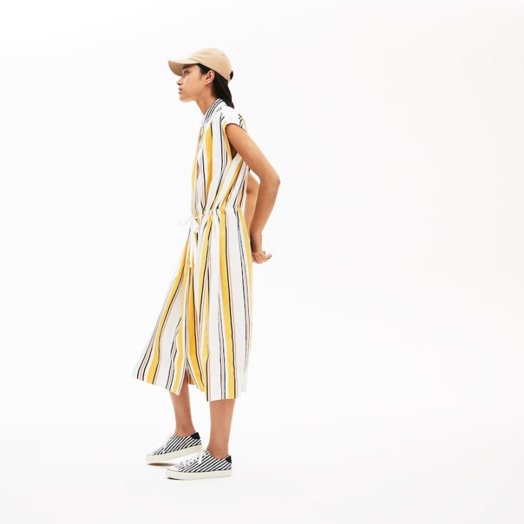 Lacoste Long Striped Shirtdress Hvite Marineblå Blå Gul Lyse Brune | VQHFCjUq