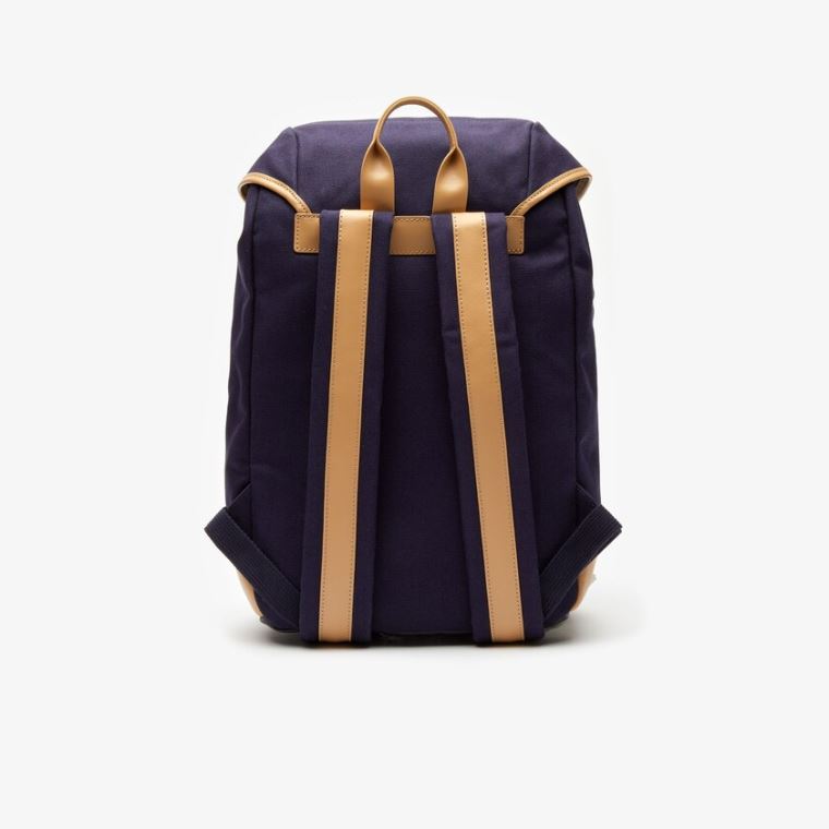 Lacoste Lær Finishes Bomull Flap Backpack Marineblå Brune | N9J5tJDu