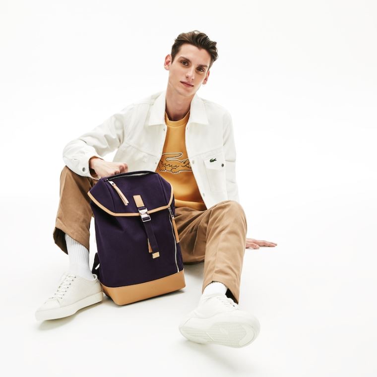 Lacoste Lær Finishes Bomull Flap Backpack Marineblå Brune | N9J5tJDu