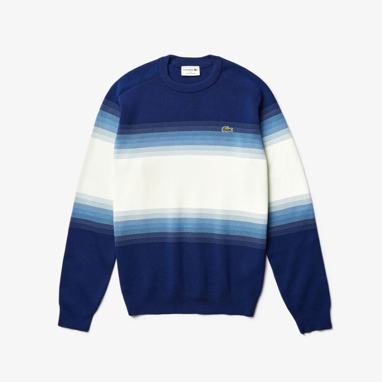 Lacoste Made In France Degraded Bomull Crew Neck Genser Marineblå Blå Blå Hvite | tRnmhQId