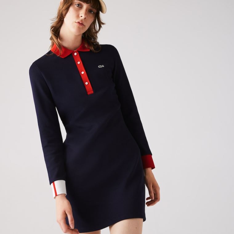 Lacoste Made In France Stretch Bomull Jersey Polo Kjoler Marineblå Blå Rød Hvite | bpuCxFty