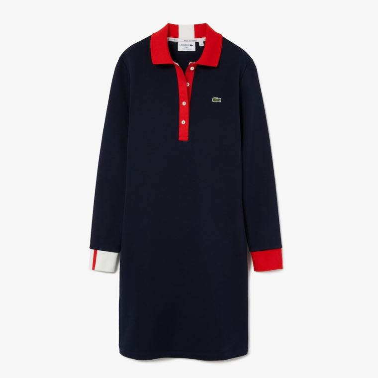 Lacoste Made In France Stretch Bomull Jersey Polo Kjoler Marineblå Blå Rød Hvite | bpuCxFty