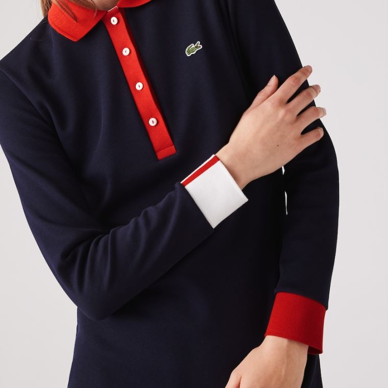 Lacoste Made In France Stretch Bomull Jersey Polo Kjoler Marineblå Blå Rød Hvite | bpuCxFty