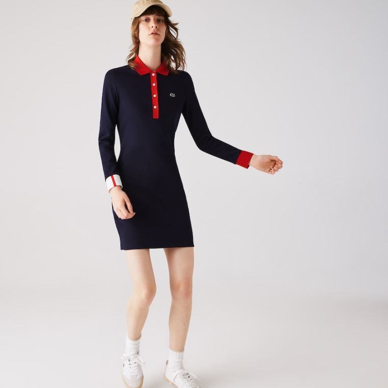 Lacoste Made In France Stretch Bomull Jersey Polo Kjoler Marineblå Blå Rød Hvite | bpuCxFty