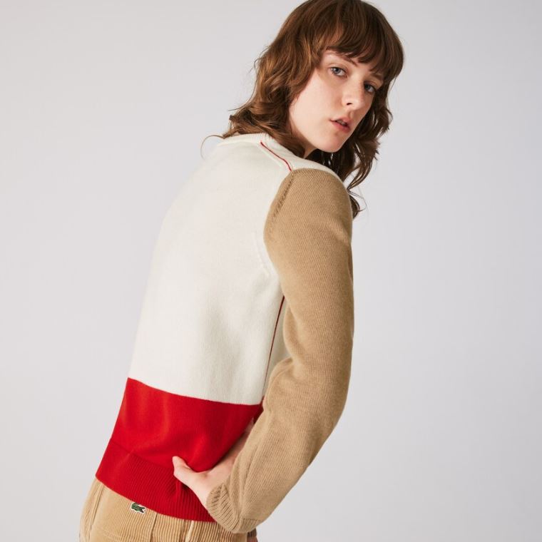 Lacoste Made in France Crew Neck Colourblock Wool Genser Rød Hvite Beige | Z4heVoFC