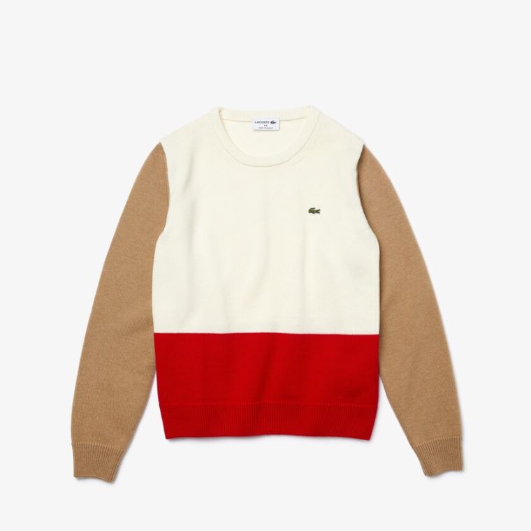 Lacoste Made in France Crew Neck Colourblock Wool Genser Rød Hvite Beige | Z4heVoFC