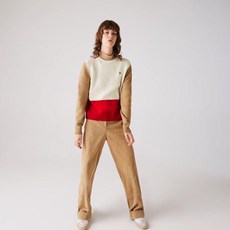 Lacoste Made in France Crew Neck Colourblock Wool Genser Rød Hvite Beige | Z4heVoFC