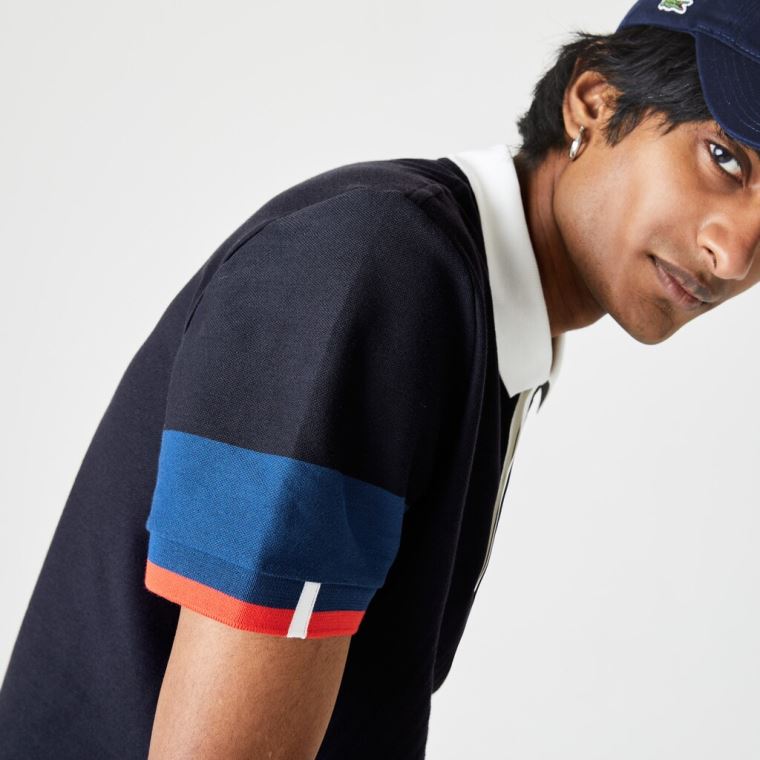 Lacoste Made in France Regular Fit Organic Bomull Polo Shirt Marineblå Blå Blå Hvite Rød | CKwmXOTj