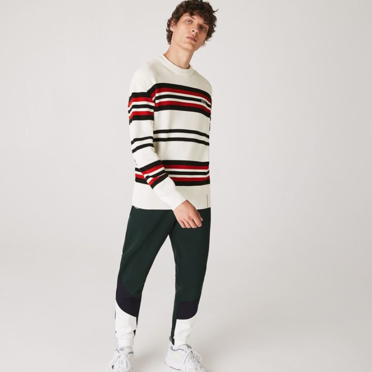 Lacoste Made in France Striped Organic Bomull Crew Neck Genser Hvite Marineblå Blå Rød | 2jdvGTc5