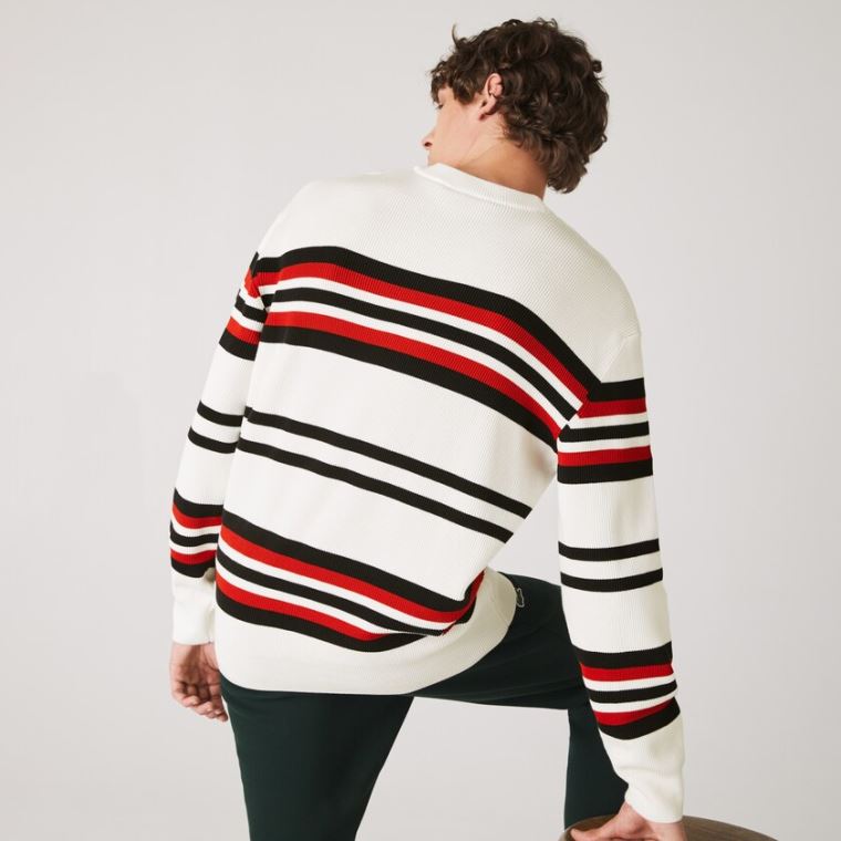 Lacoste Made in France Striped Organic Bomull Crew Neck Genser Hvite Marineblå Blå Rød | 2jdvGTc5