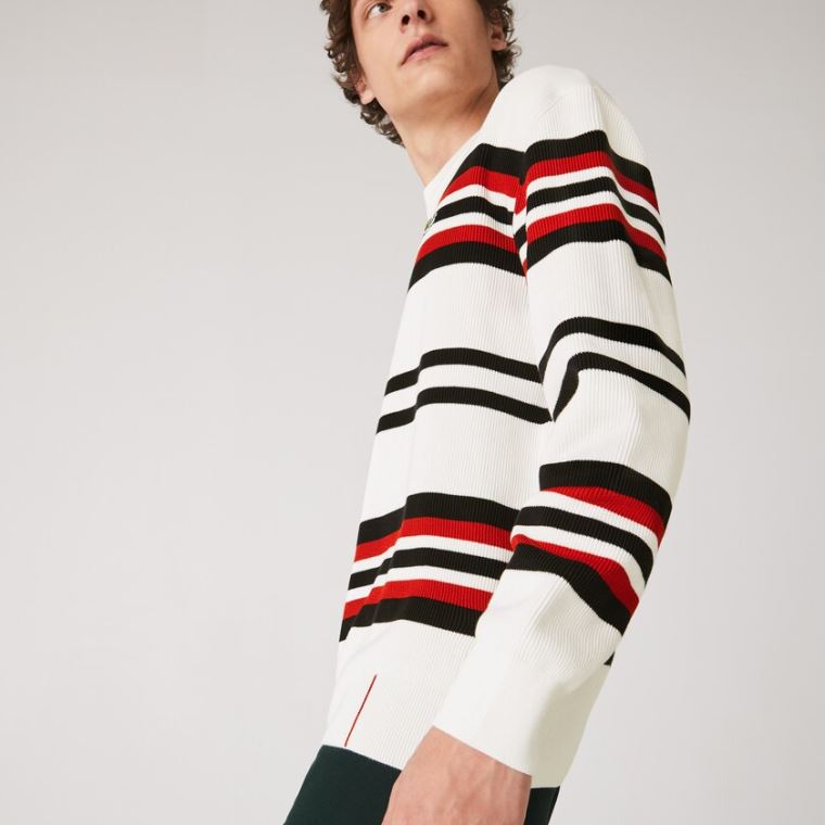 Lacoste Made in France Striped Organic Bomull Crew Neck Genser Hvite Marineblå Blå Rød | 2jdvGTc5