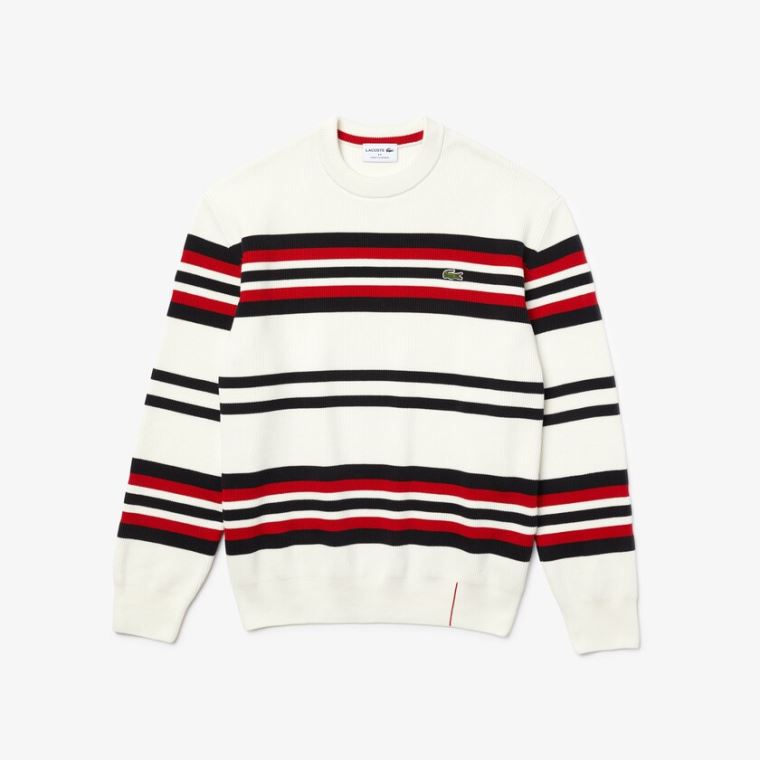 Lacoste Made in France Striped Organic Bomull Crew Neck Genser Hvite Marineblå Blå Rød | 2jdvGTc5