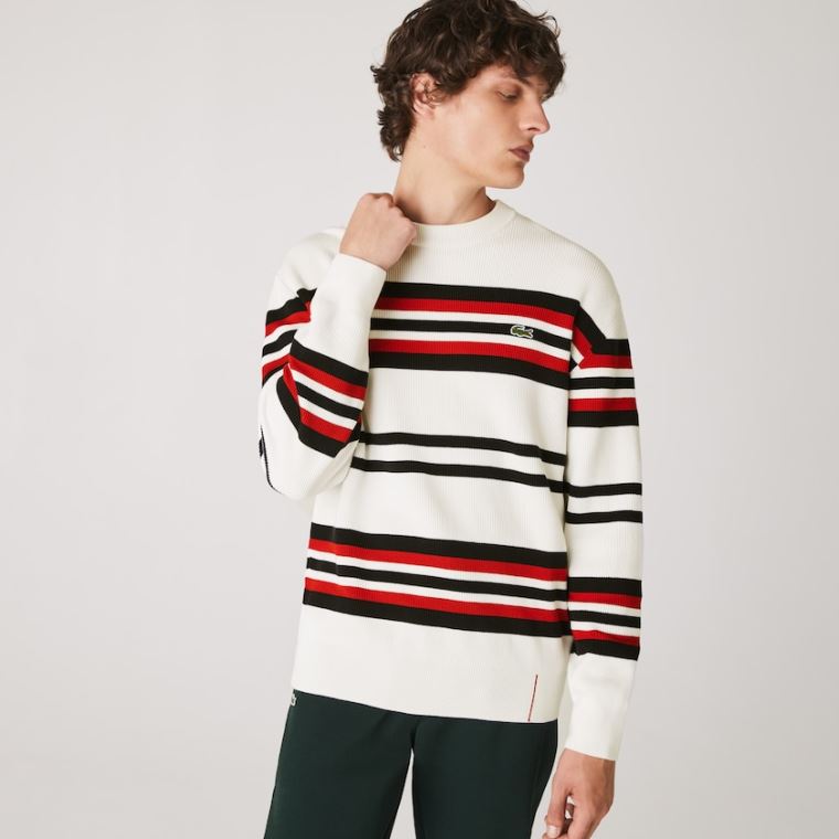 Lacoste Made in France Striped Organic Bomull Crew Neck Genser Hvite Marineblå Blå Rød | 2jdvGTc5