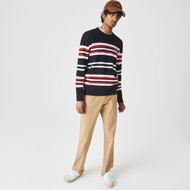 Lacoste Made in France Striped Organic Bomull Crew Neck Genser Marineblå Blå Hvite Rød | JpUEtOLI