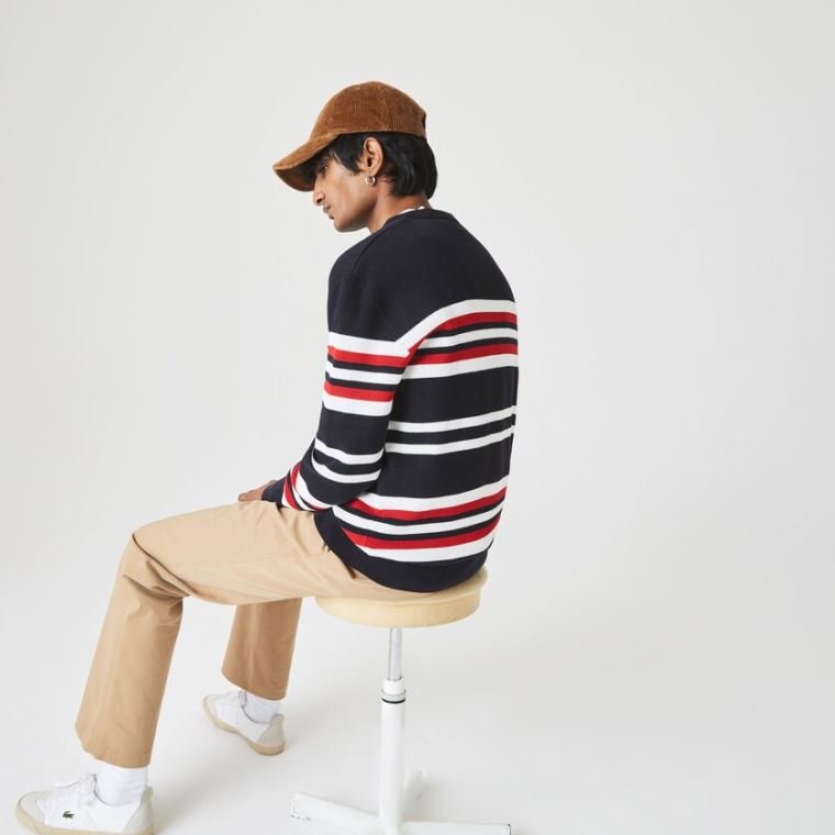 Lacoste Made in France Striped Organic Bomull Crew Neck Genser Marineblå Blå Hvite Rød | JpUEtOLI