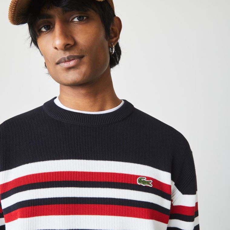 Lacoste Made in France Striped Organic Bomull Crew Neck Genser Marineblå Blå Hvite Rød | JpUEtOLI