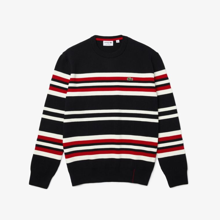 Lacoste Made in France Striped Organic Bomull Crew Neck Genser Marineblå Blå Hvite Rød | JpUEtOLI