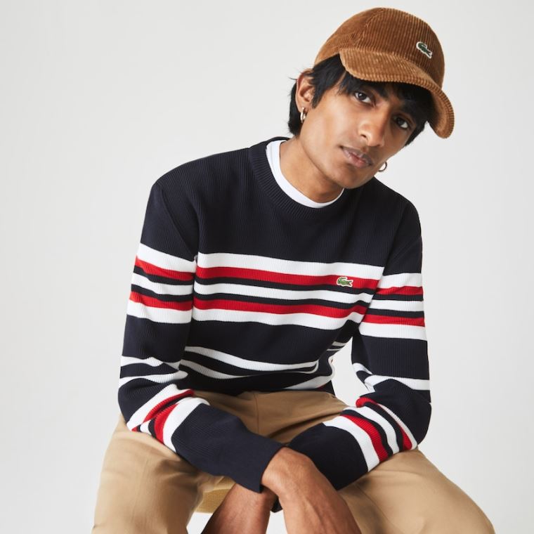 Lacoste Made in France Striped Organic Bomull Crew Neck Genser Marineblå Blå Hvite Rød | JpUEtOLI