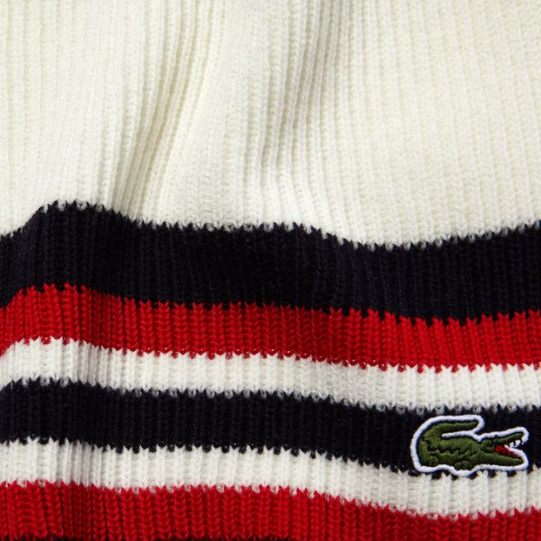 Lacoste Made in France Striped Ribbed Rectangular Wool Scarf Hvite Marineblå Blå Rød | ZjBqSogb