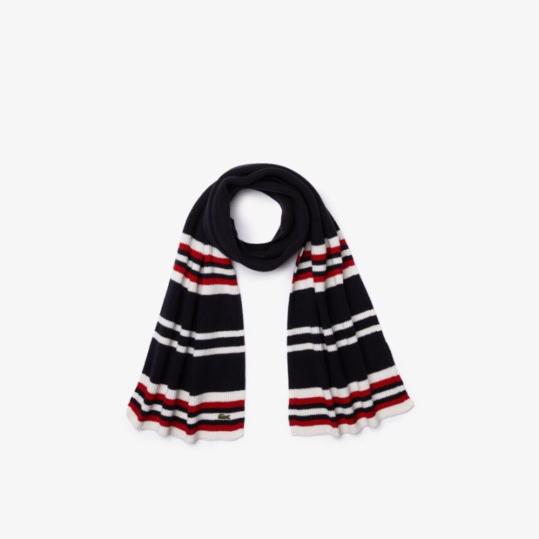 Lacoste Made in France Striped Ribbed Rectangular Wool Scarf Marineblå Blå Hvite Rød | xvbwIG7N