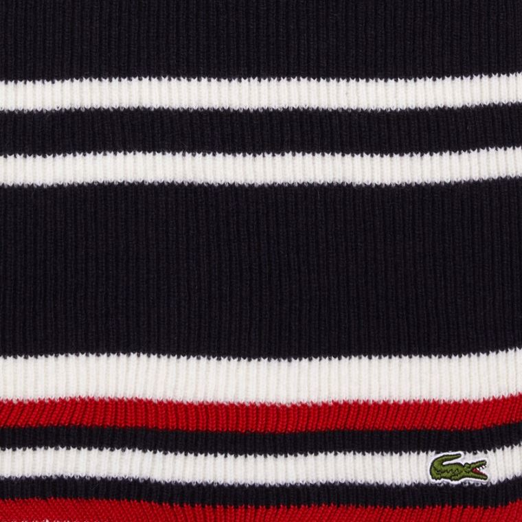 Lacoste Made in France Striped Ribbed Rectangular Wool Scarf Marineblå Blå Hvite Rød | xvbwIG7N