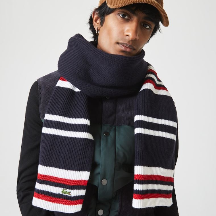 Lacoste Made in France Striped Ribbed Rectangular Wool Scarf Marineblå Blå Hvite Rød | xvbwIG7N