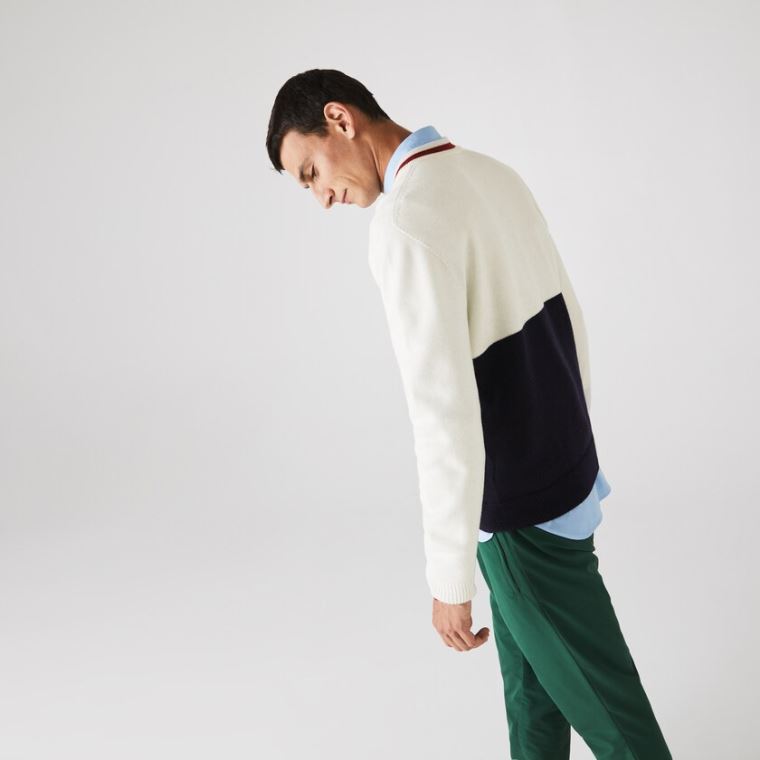 Lacoste Made in France Two-Tone Wool V-Neck Genser Marineblå Blå Hvite Mørke Rød | FglWEYHB