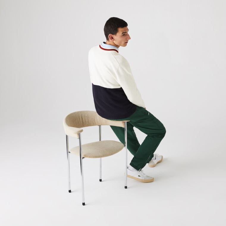 Lacoste Made in France Two-Tone Wool V-Neck Genser Marineblå Blå Hvite Mørke Rød | FglWEYHB