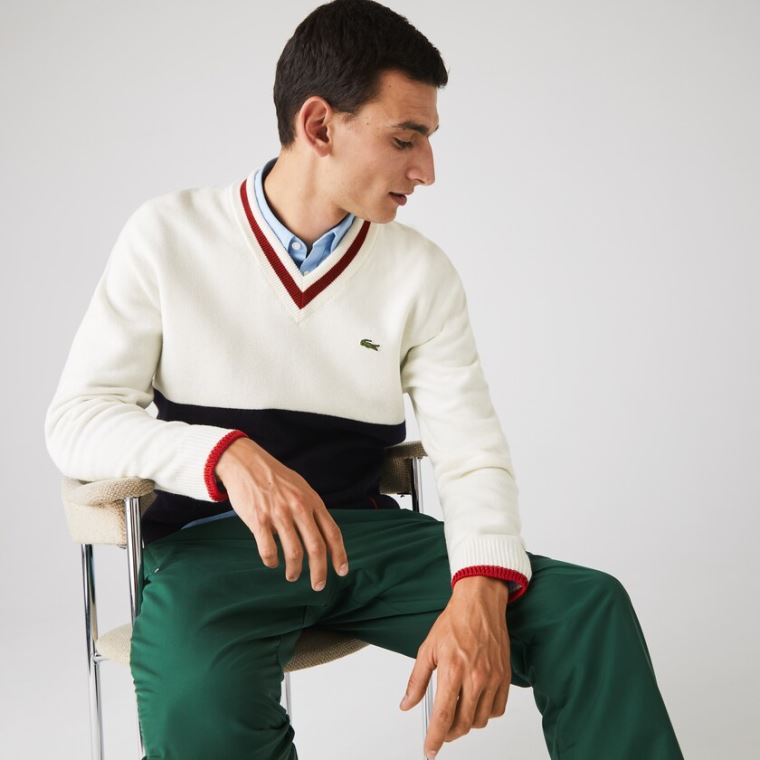 Lacoste Made in France Two-Tone Wool V-Neck Genser Marineblå Blå Hvite Mørke Rød | FglWEYHB