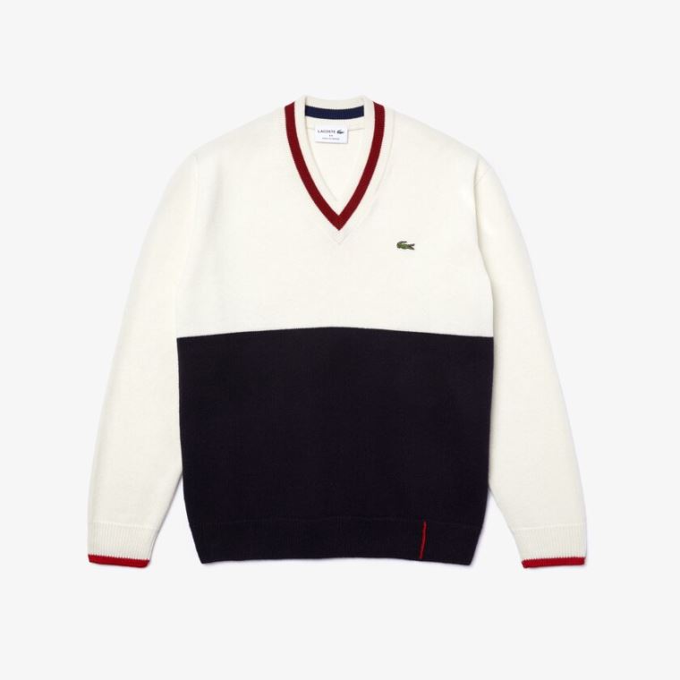 Lacoste Made in France Two-Tone Wool V-Neck Genser Marineblå Blå Hvite Mørke Rød | FglWEYHB