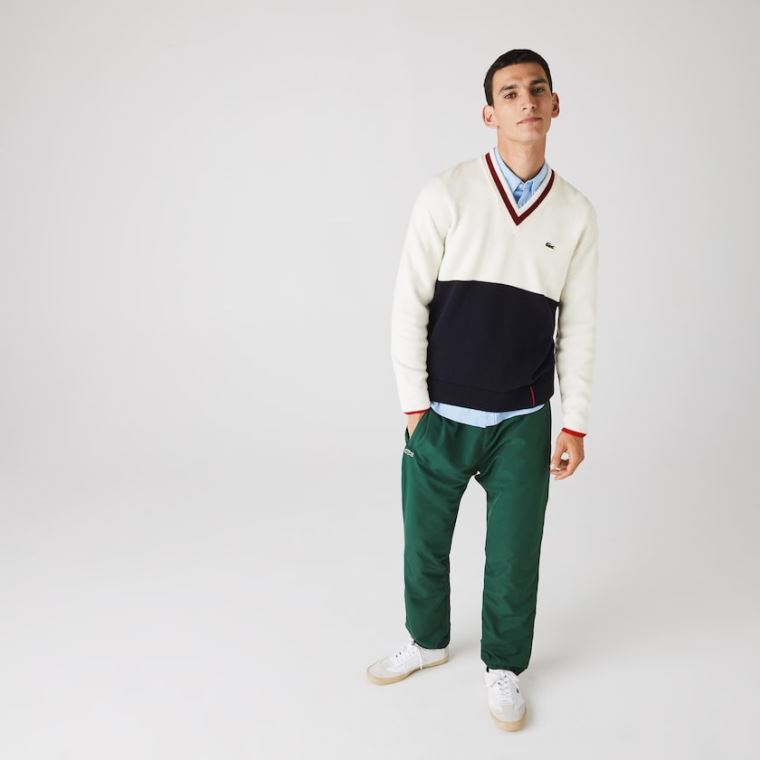 Lacoste Made in France Two-Tone Wool V-Neck Genser Marineblå Blå Hvite Mørke Rød | FglWEYHB