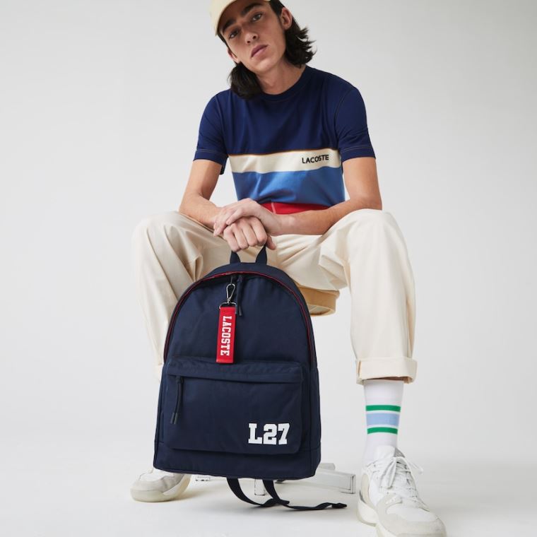 Lacoste Neocroc L27 Lettered Canvas Backpack Marineblå Rød | KQUJ4rq4