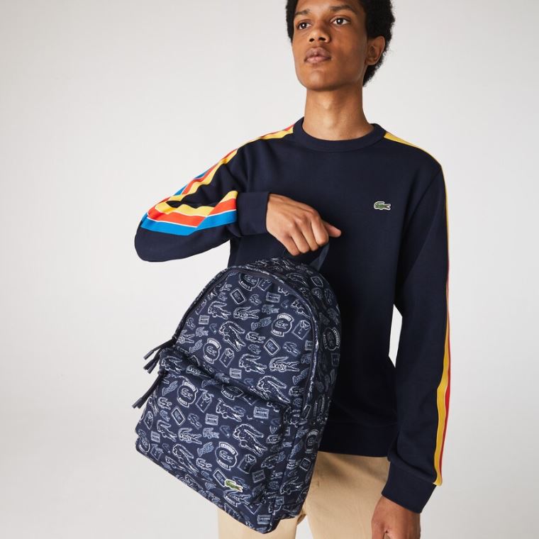 Lacoste Neocroc Pattern Canvas Backpack Marineblå Blå Hvite | AH5hVqje