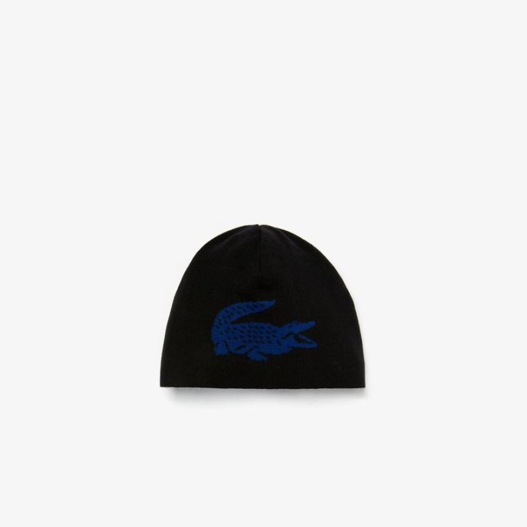 Lacoste Oversized Contrast Crocodile Reversible Wool Beanie Svarte Blå | WV28QfA4