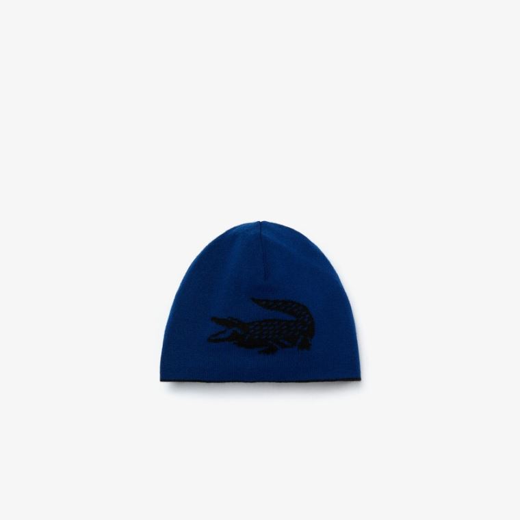 Lacoste Oversized Contrast Crocodile Reversible Wool Beanie Svarte Blå | WV28QfA4