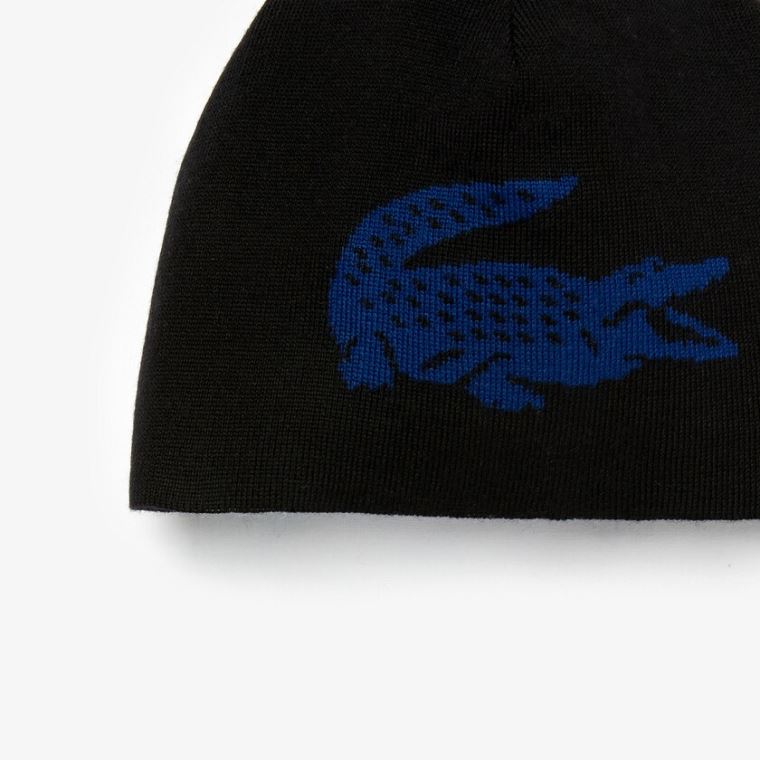 Lacoste Oversized Contrast Crocodile Reversible Wool Beanie Svarte Blå | WV28QfA4