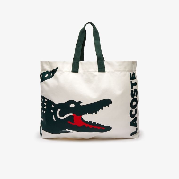 Lacoste Oversized Crocodile Print Bomull Large Tote Hvite | j0XrriNi