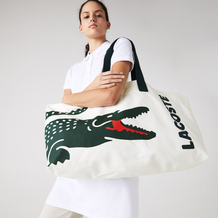 Lacoste Oversized Crocodile Print Bomull Large Tote Hvite | j0XrriNi