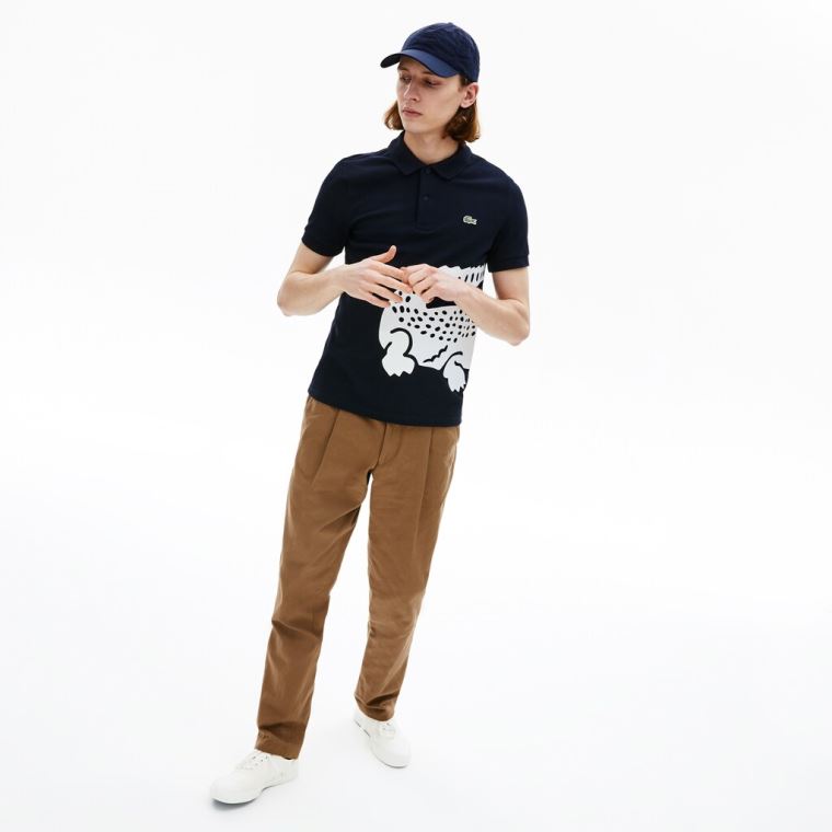 Lacoste Oversized Crocodile Print Polo Shirt Marineblå Blå | 1mUQkxyT