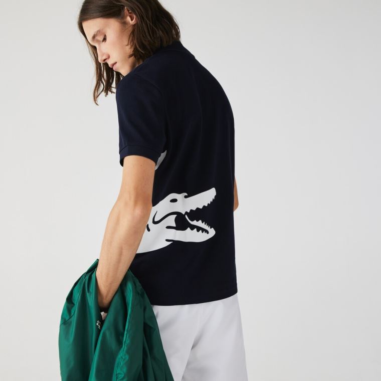 Lacoste Oversized Crocodile Print Polo Shirt Marineblå Blå | 1mUQkxyT