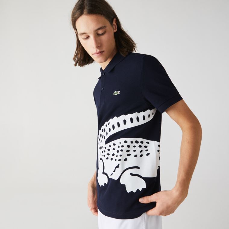 Lacoste Oversized Crocodile Print Polo Shirt Marineblå Blå | 1mUQkxyT