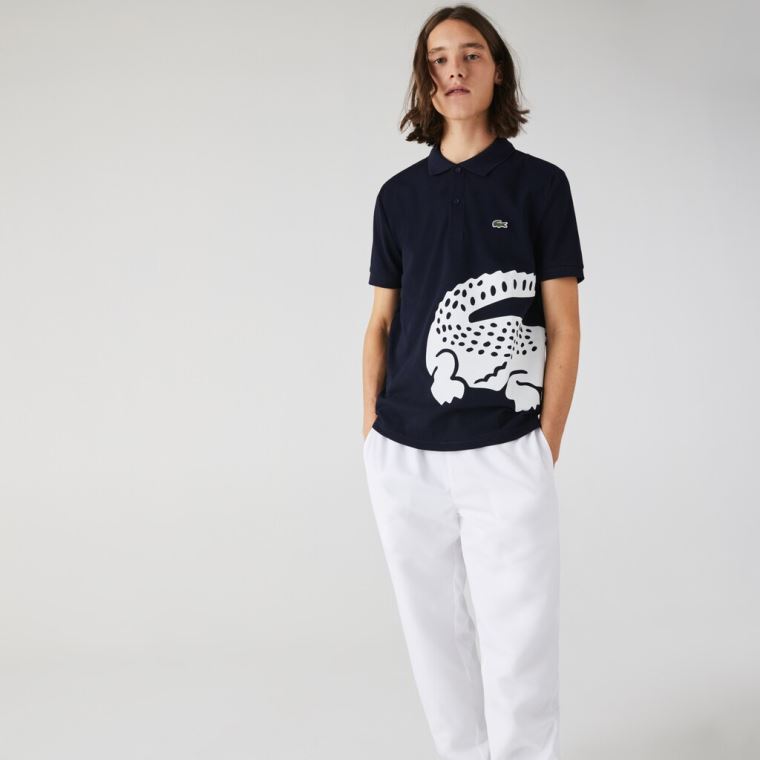 Lacoste Oversized Crocodile Print Polo Shirt Marineblå Blå | 1mUQkxyT