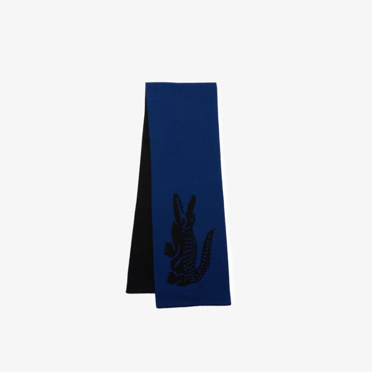 Lacoste Oversized Crocodile Rectangular Wool Scarf Svarte Blå | GNpXHvNO