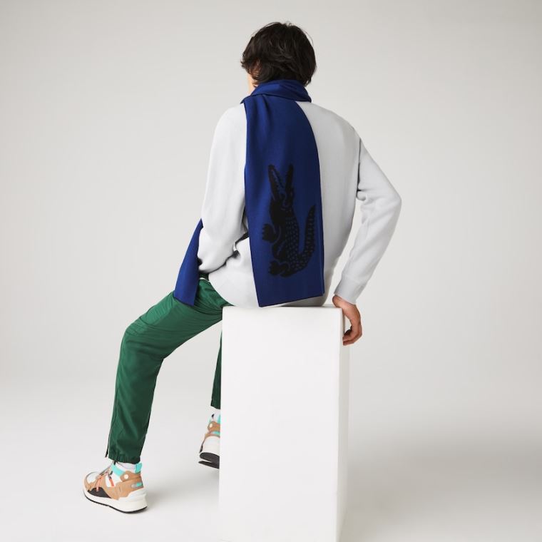 Lacoste Oversized Crocodile Rectangular Wool Scarf Svarte Blå | GNpXHvNO