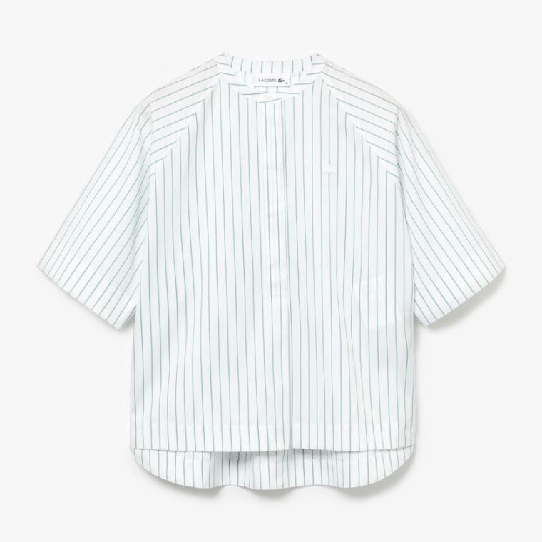 Lacoste Oversized Mao Collar Striped Bomull Poplin Blouse Hvite Grønn | DmJqLxiN