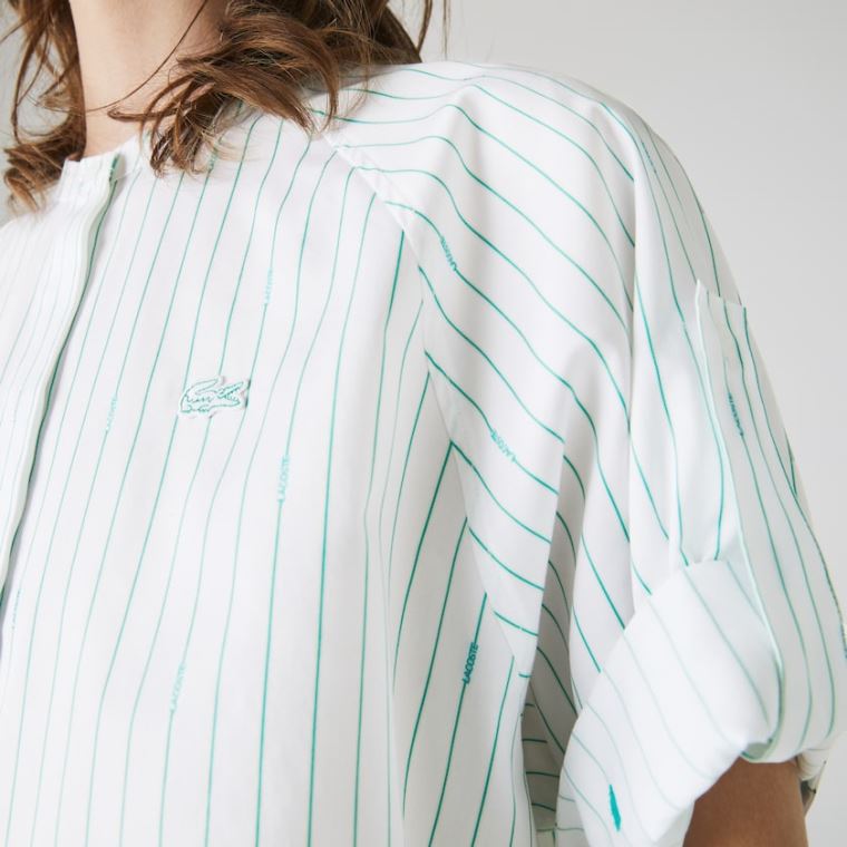 Lacoste Oversized Mao Collar Striped Bomull Poplin Blouse Hvite Grønn | DmJqLxiN